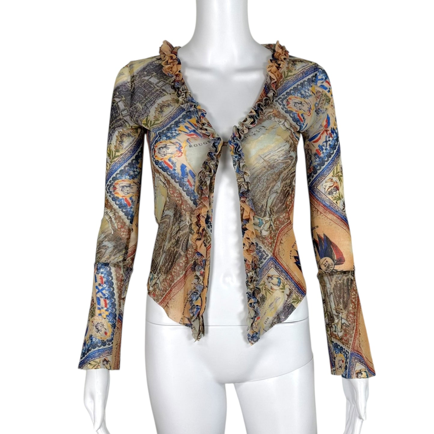 Jean Paul Gaultier Postcard Print Mesh Ruffle Trim Blouse