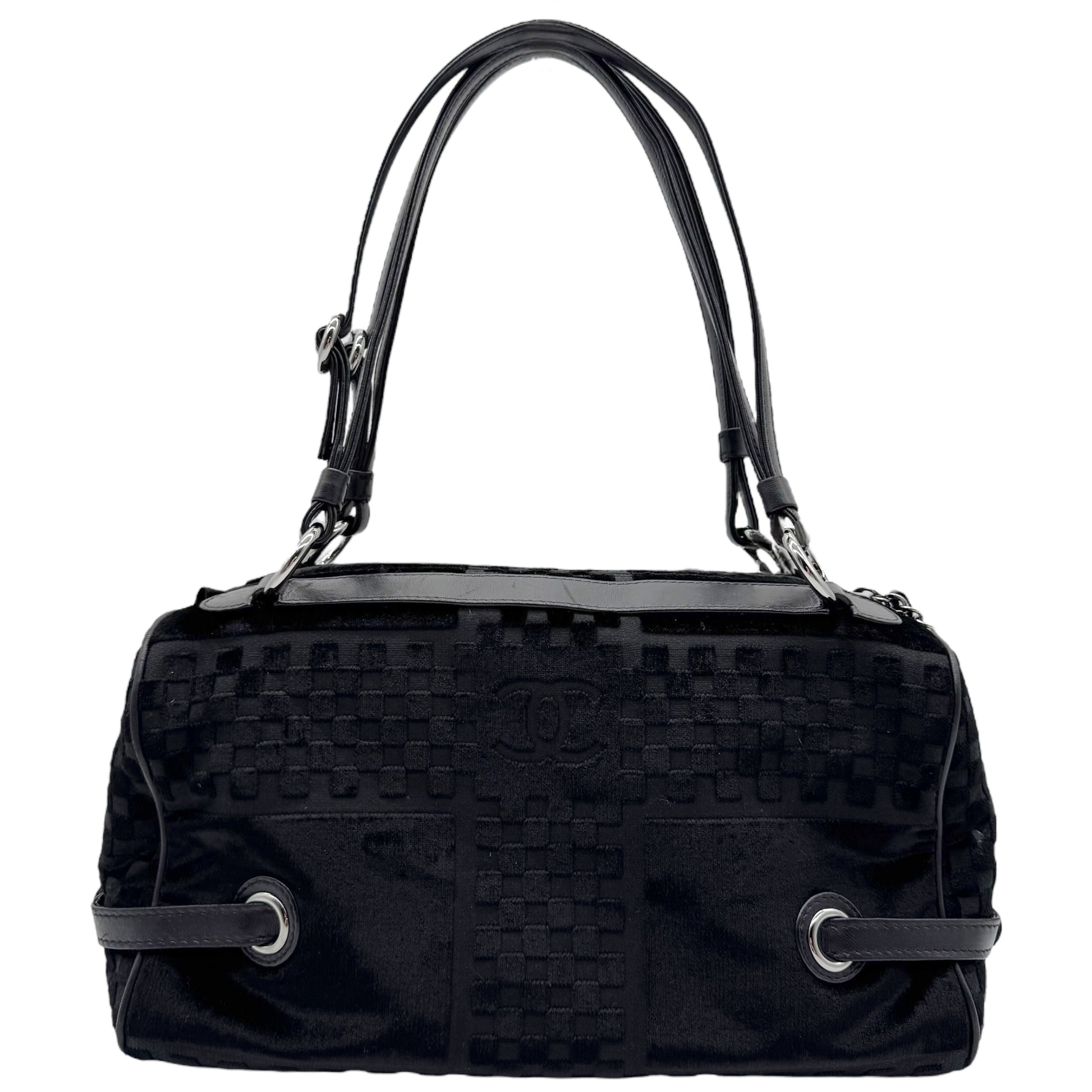 Chanel Black Lambskin & Velvet Checkered Logo Shoulder Bag 2005-06 - Outfit Repeater