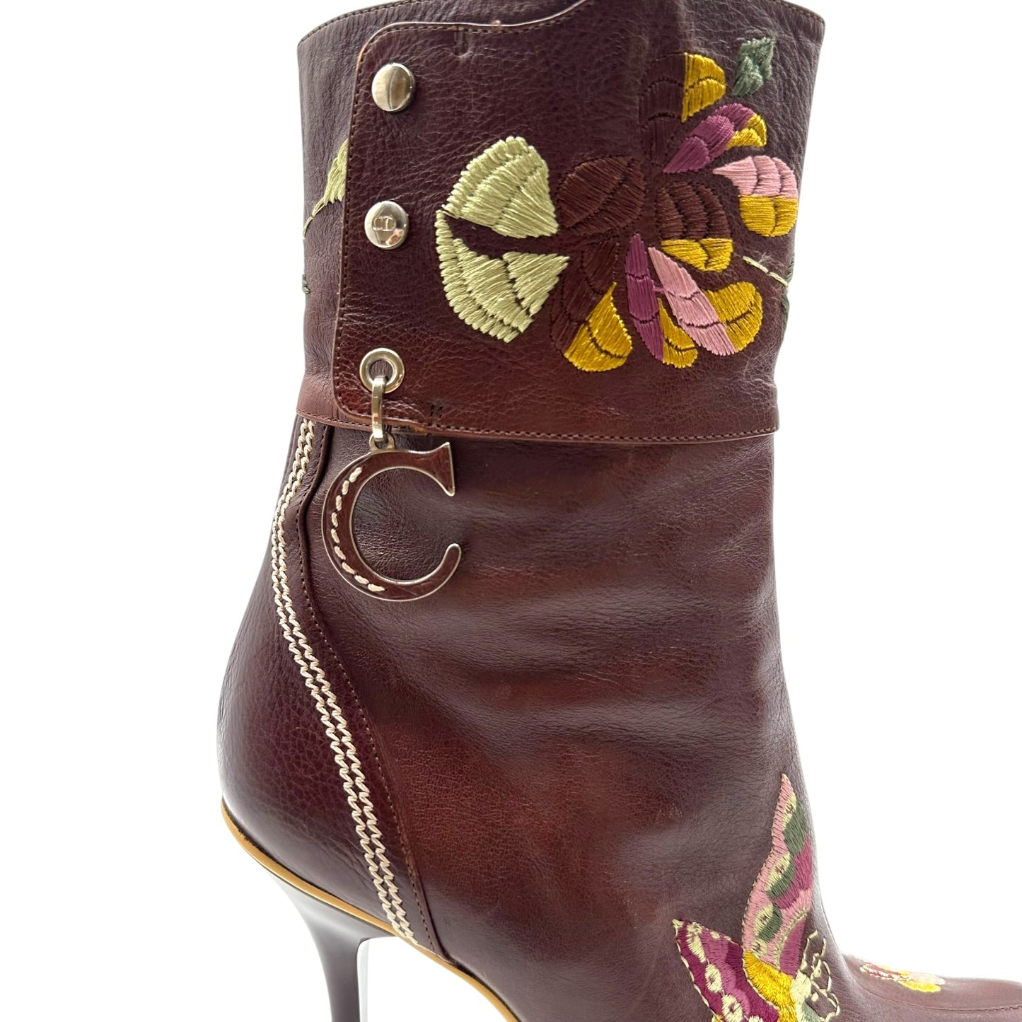 Christian Dior Brown Leather Embroidered Floral Heeled Boots