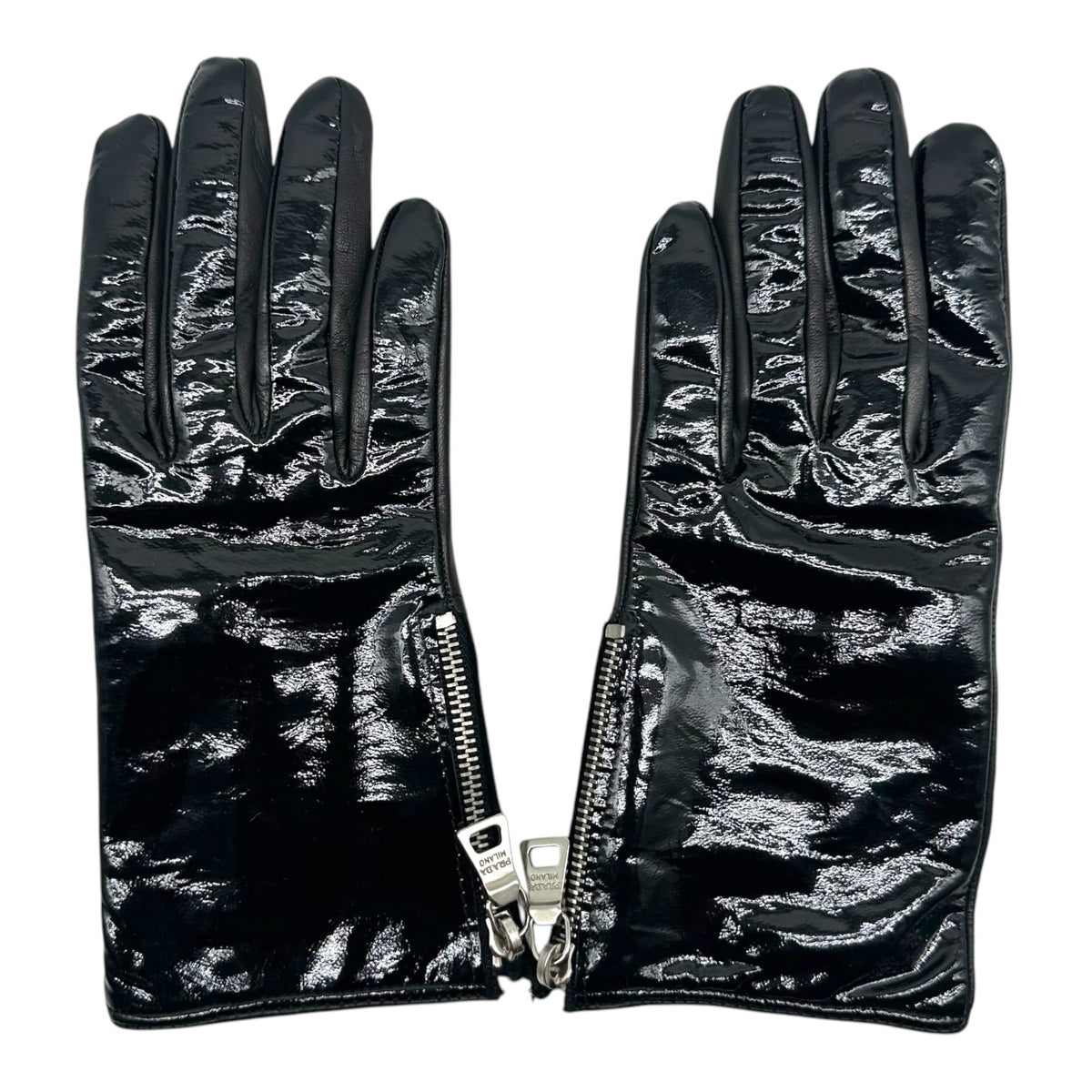 Prada Black Patent Leather Lambskin Zippered Gloves