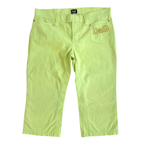 D&G Dolce & Gabbana Bright Green Logo Embroidered Capri Pants
