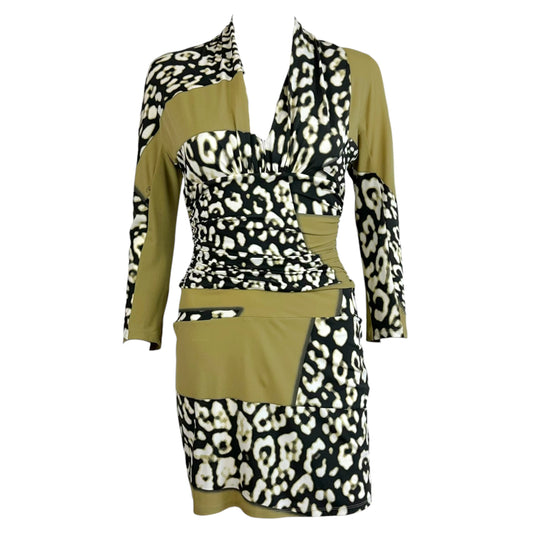 Roberto Cavalli Khaki Green & Leopard Print V-Neck Mini Dress
