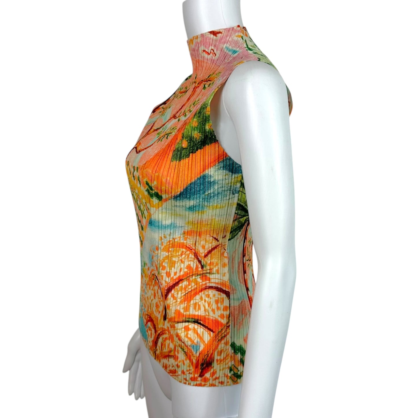 Issey Miyake Pleats Please Multicolor Abstract Landscape Print Pleated Mock Neck Tank