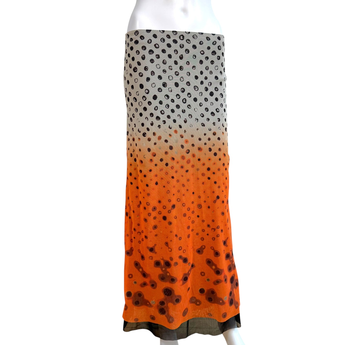 Jean Paul Gaultier White & Orange Ombre Polka Dot Print Mesh Maxi Skirt