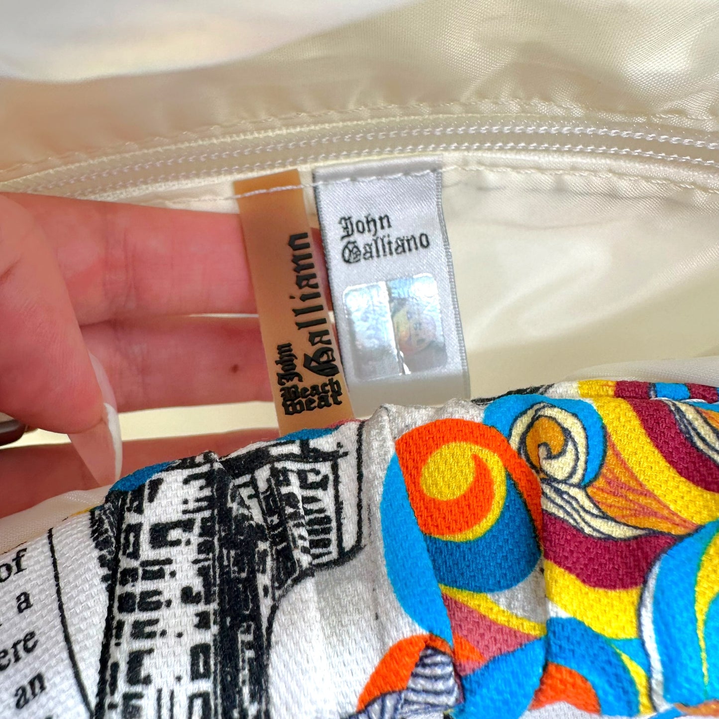 John Galliano Gazette Newsprint & Multicolor Fish Lucite Handle Tote Bag