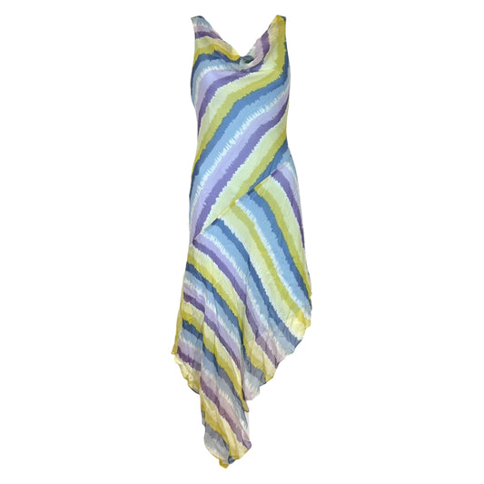 BCBGMaxAzria Blue Green & Purple Striped Bias Cut Silk Maxi Dress
