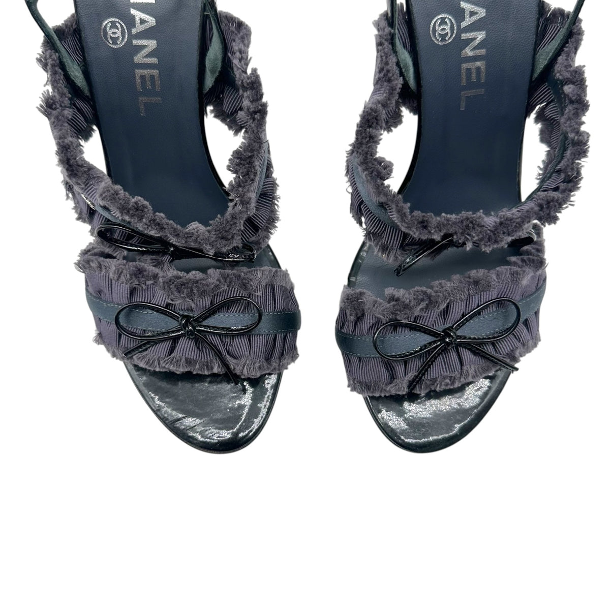 Chanel Dark Gray Ruffle & Bow Sandal Heels