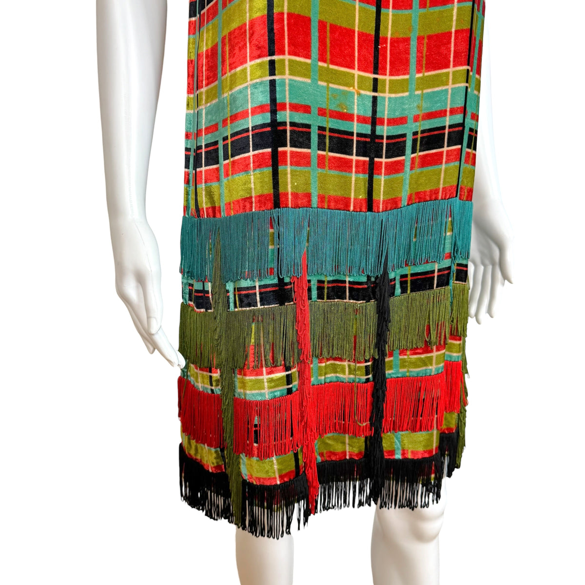 Jean Paul Gaultier S/S 1998 Multicolor Plaid Print Velvet & Fringe Trim Shift Midi Dress