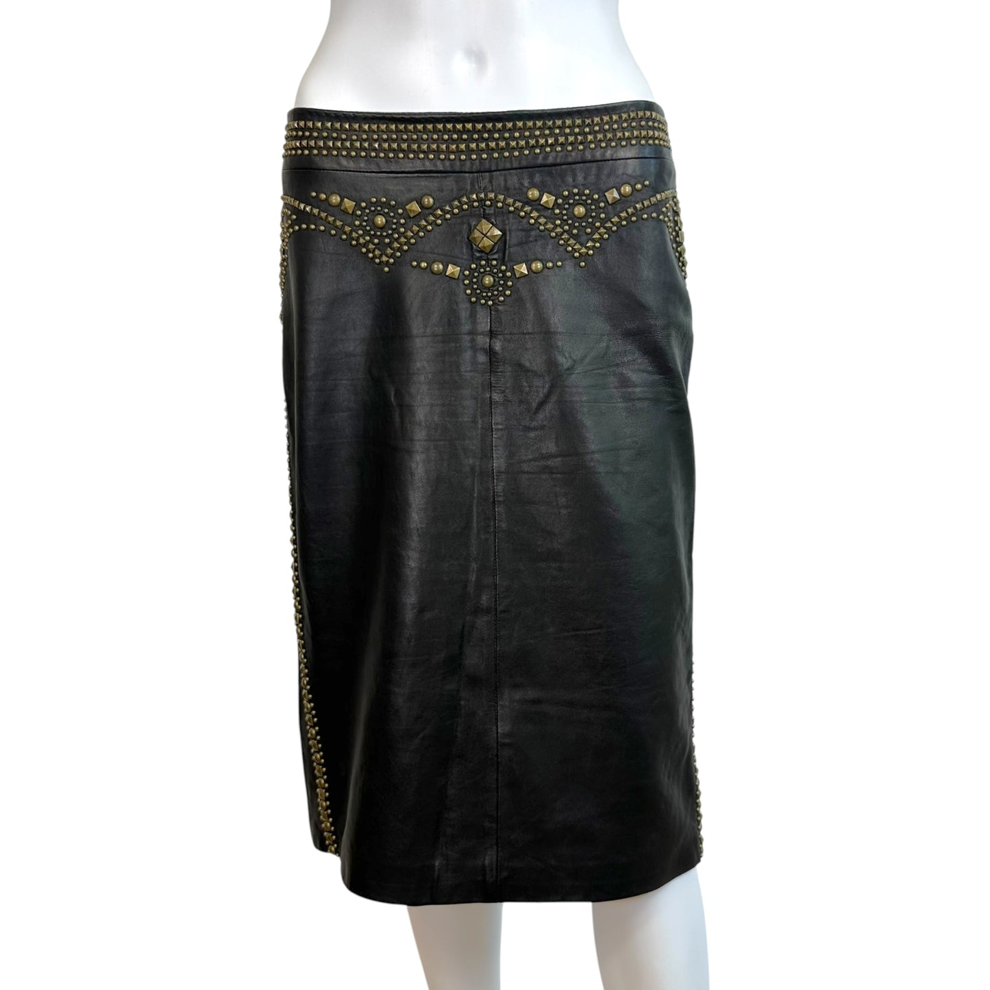 Roberto Cavalli F/W 2005 Black Leather & Gold Studded Midi Skirt