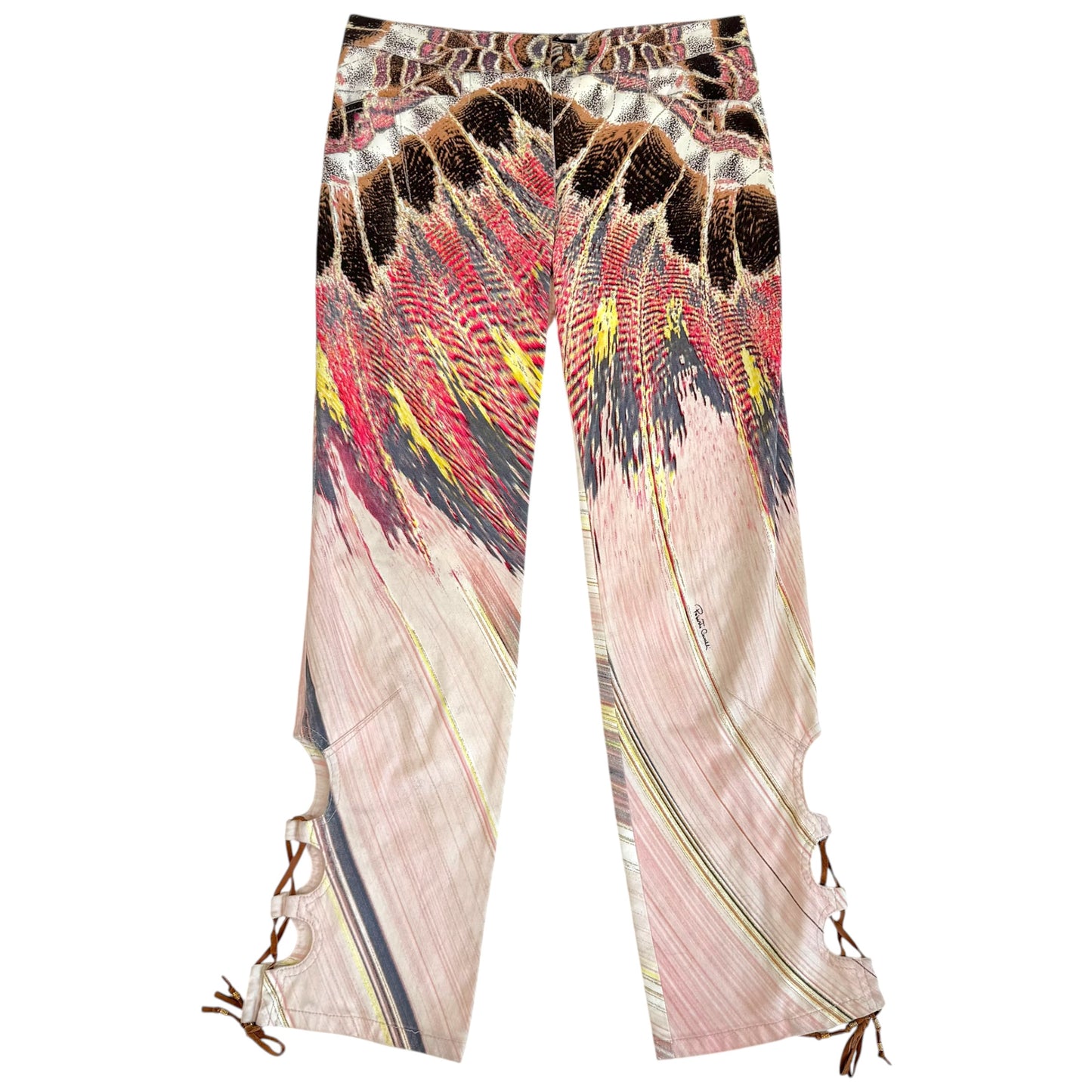 Roberto Cavalli 2003 Pink Multi Feather Print Lace Up Silk Tank & Capri Pants Set