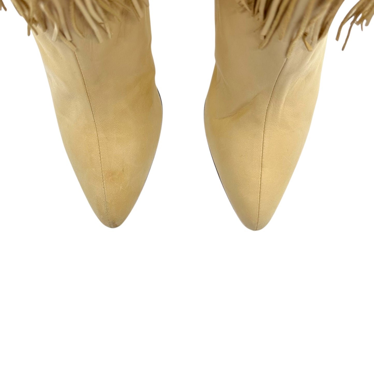 Brian Atwood Beige Leather Fringe Trim Heeled Boots