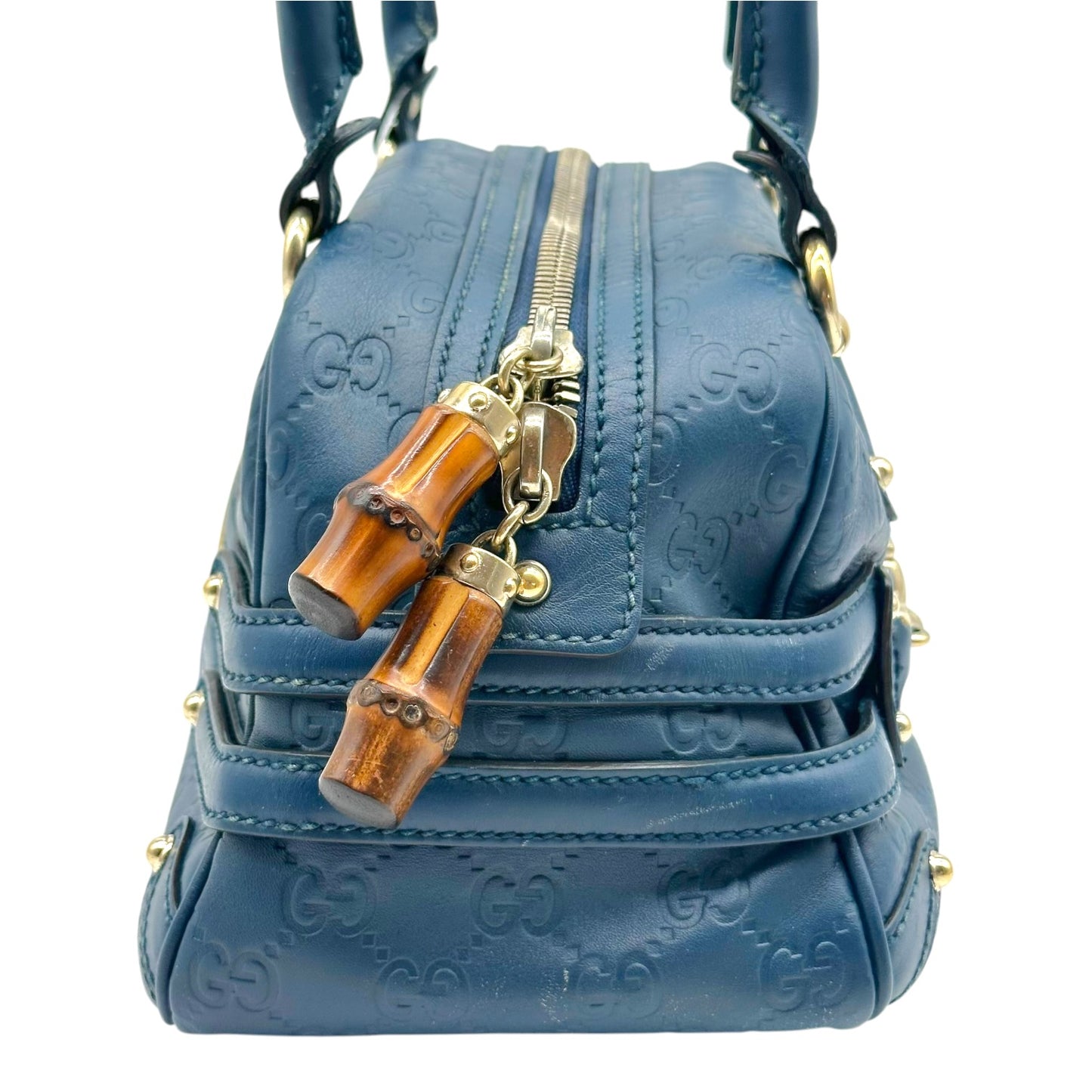Gucci Navy Blue & Gold Bamboo Guccissima Monogram East-West Shoulder Bag