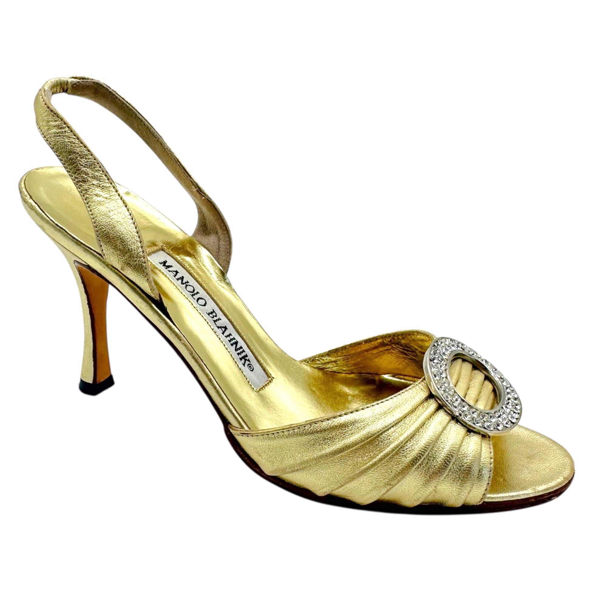 Manolo Blahnik Gold Leather & Rhinestone Slingback Heels - Outfit Repeater