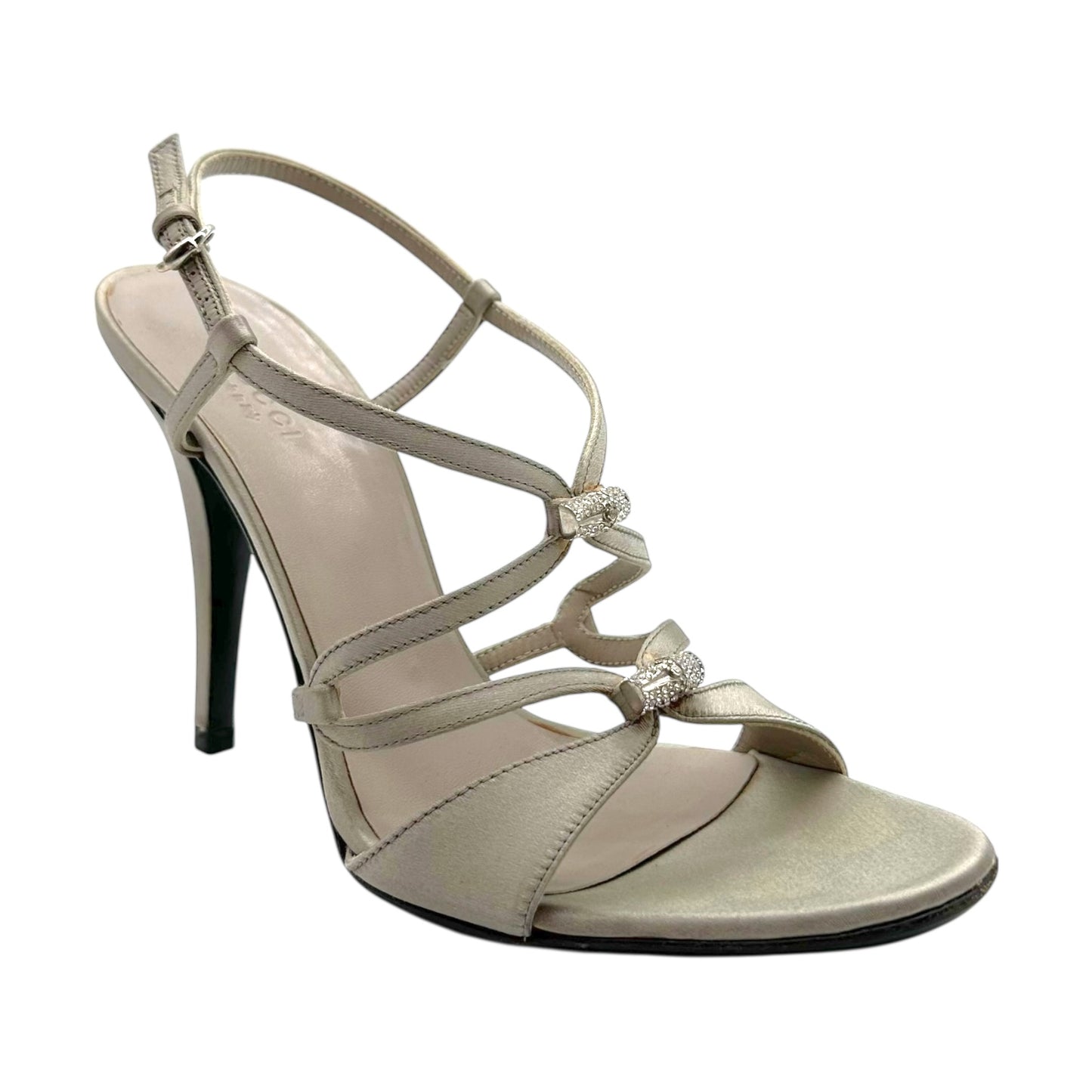 Gucci Silver Satin & Crystal Bamboo Strappy Heels