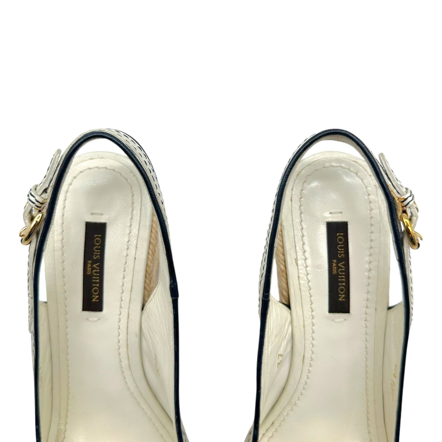 Louis Vuitton Navy Blue Striped Slingback Wedge Heels