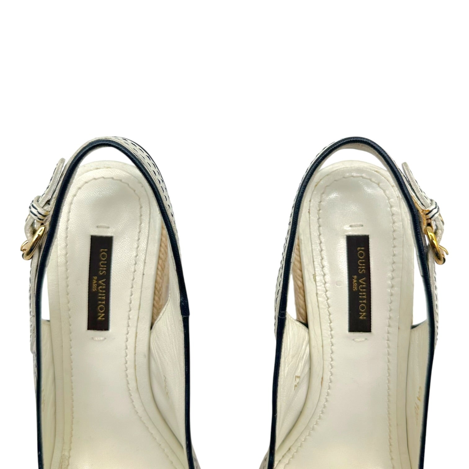 Louis Vuitton Navy Blue Striped Slingback Wedge Heels