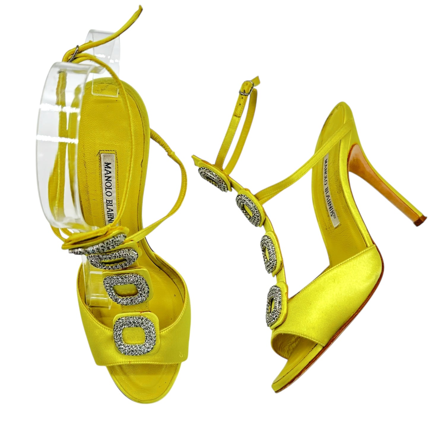 Manolo Blahnik Chartreuse Silk Crystal Embellished Heels