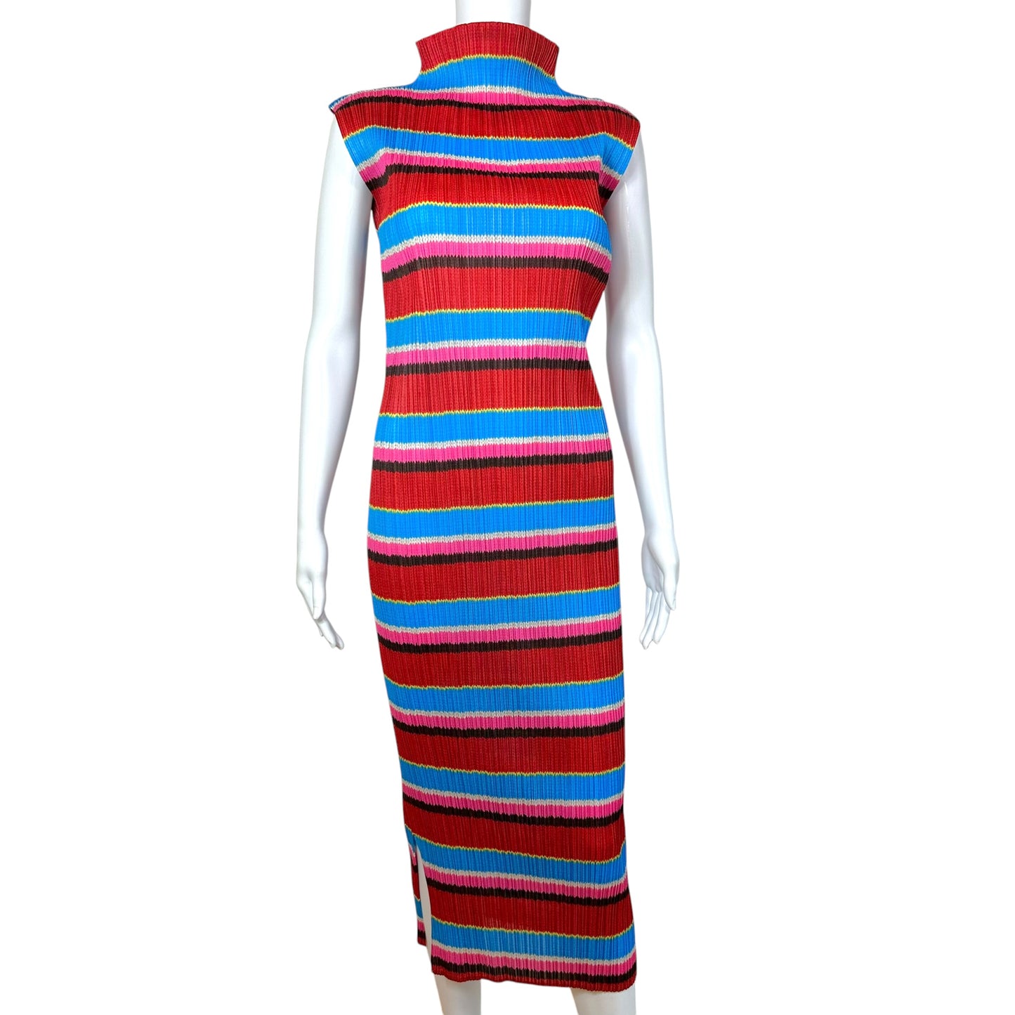 Issey Miyake Pleats Please Striped Sleeveless Mock Neck Maxi Dress