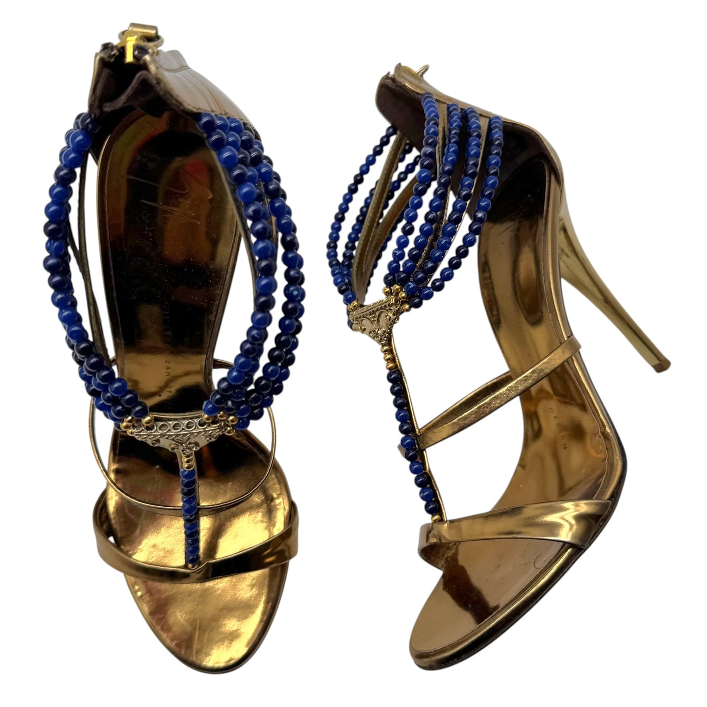 Giuseppe Zanotti Bronze Leather Blue Beaded Sandal Heels