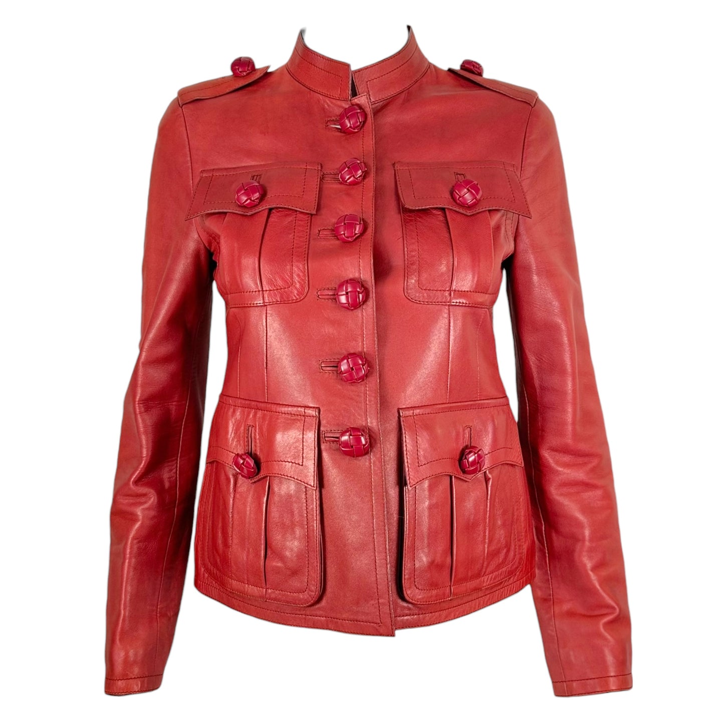 Gucci Burgundy Lambskin Leather Military Style Jacket