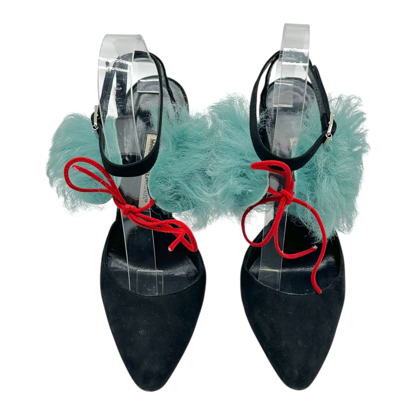 Manolo Blahnik Black Suede Teal Shearling Wrap Heels