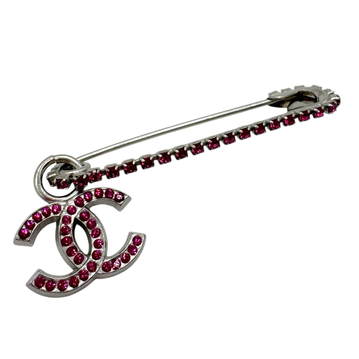 Chanel Silver Pink Crystal CC Logo Safety Pin Brooch