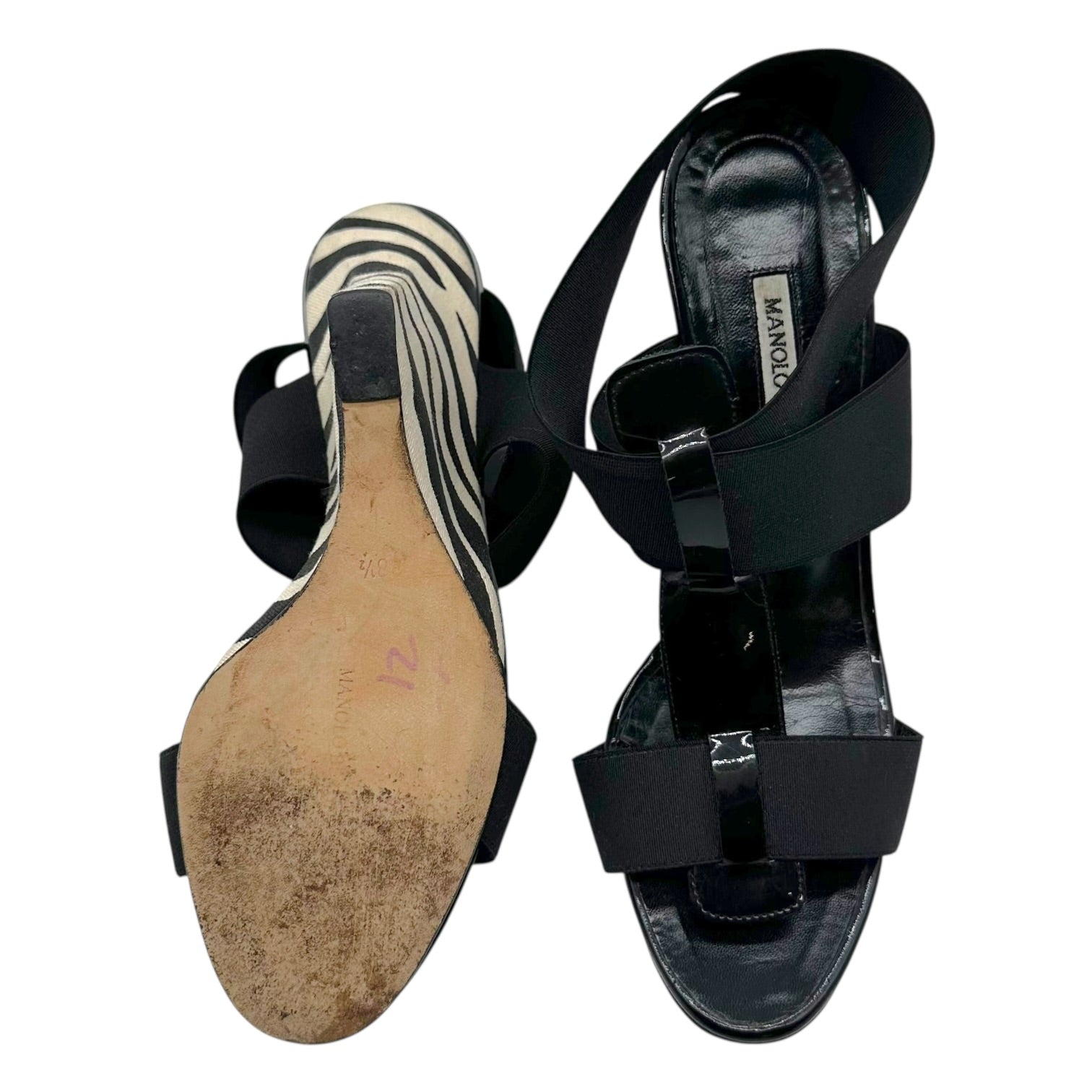 Manolo Blahnik Zebra Print Wedge Heels Black Elastic