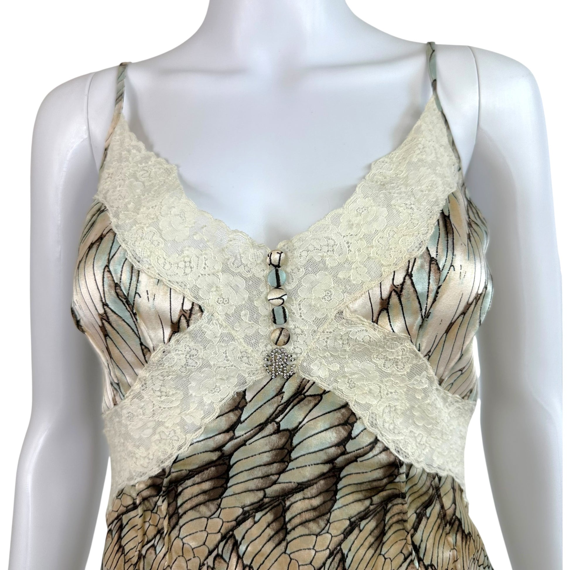 Roberto Cavalli Silk Lace Cami Blue Feather Print