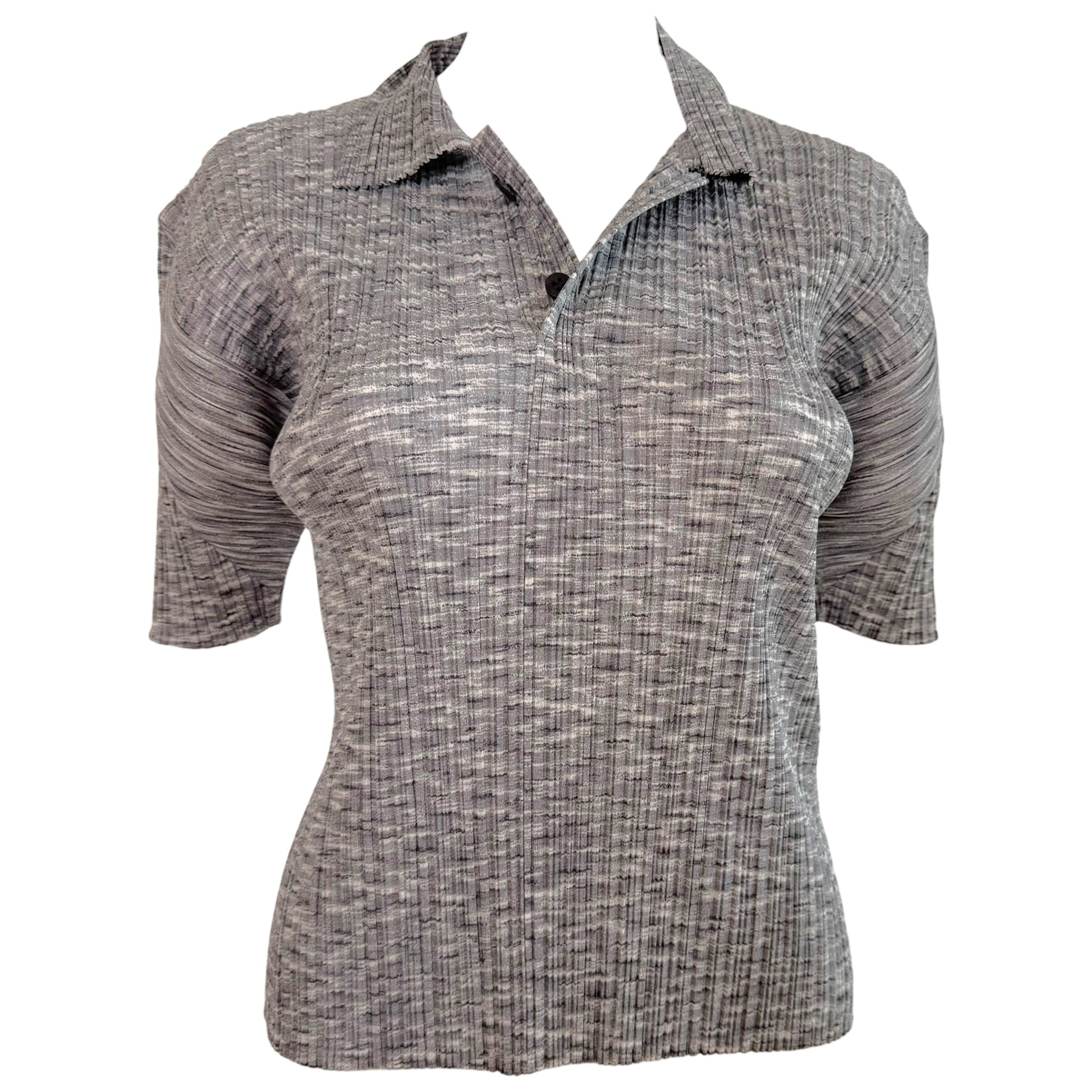 Issey Miyake Pleats Please Light Gray Short Sleeve Polo Top