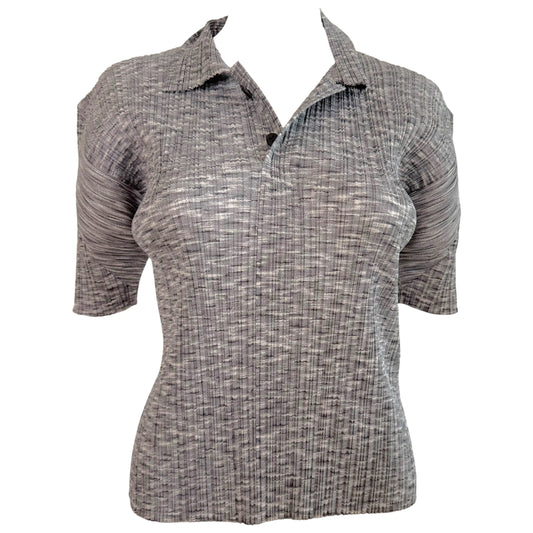 Issey Miyake Pleats Please Light Gray Short Sleeve Polo Top
