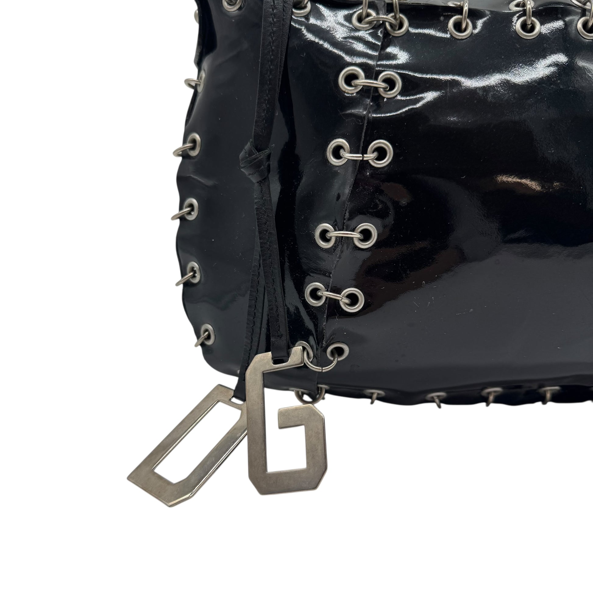 Dolce & Gabbana Black Patent Leather Pierced & Studded Shoulder Bag - Outfit Repeater