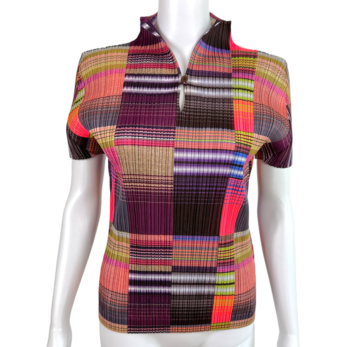 Issey Miyake Pleats Please Pink Purple Multicolor Striped Gradient Print Pleated Short Sleeve Blouse Sz 4