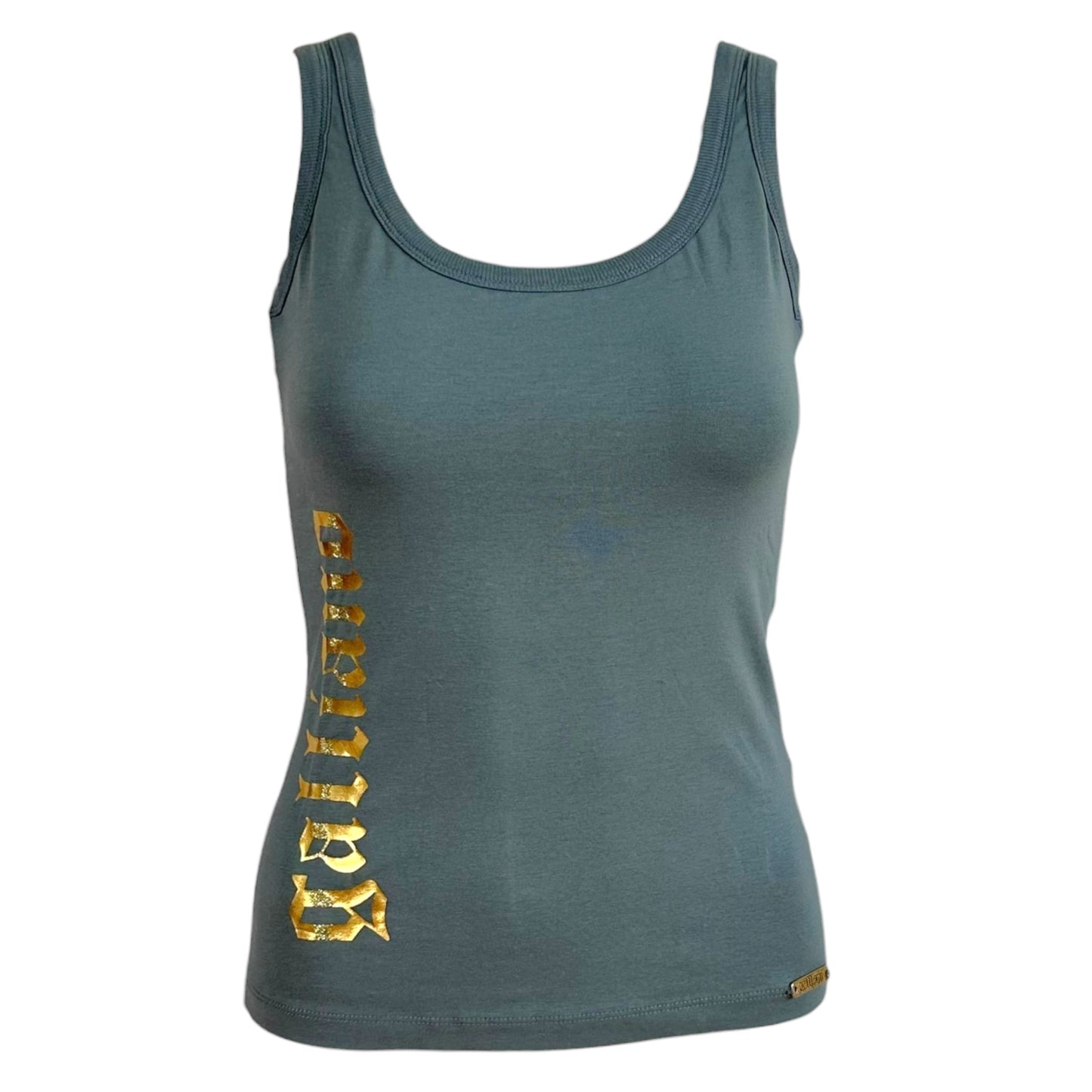 Galliano Gray Gold Glitter Logo Tank Top