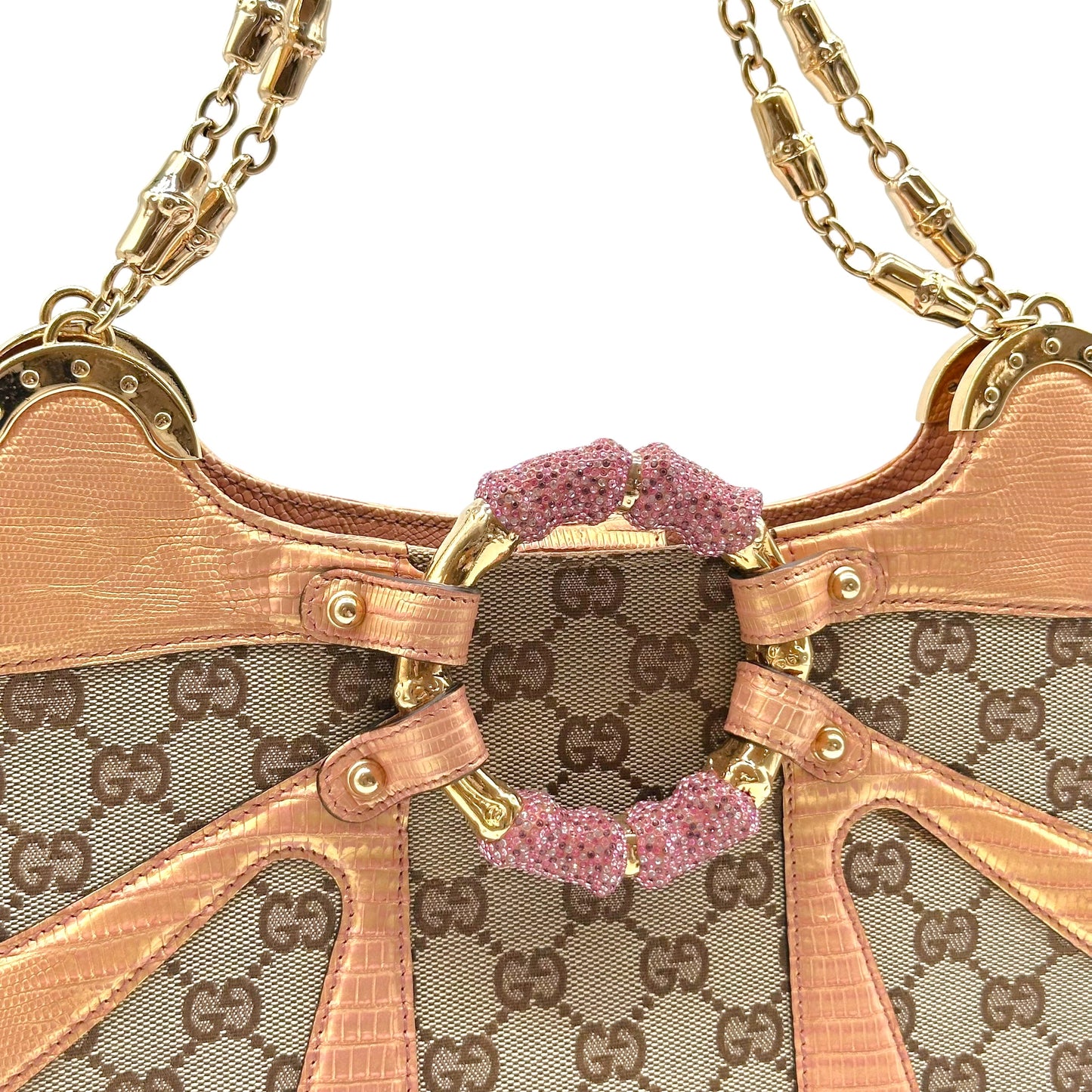 Gucci by Tom Ford S/S 2004 Tan Monogram & Pink Lizard Skin Crystal Bamboo Shoulder Bag
