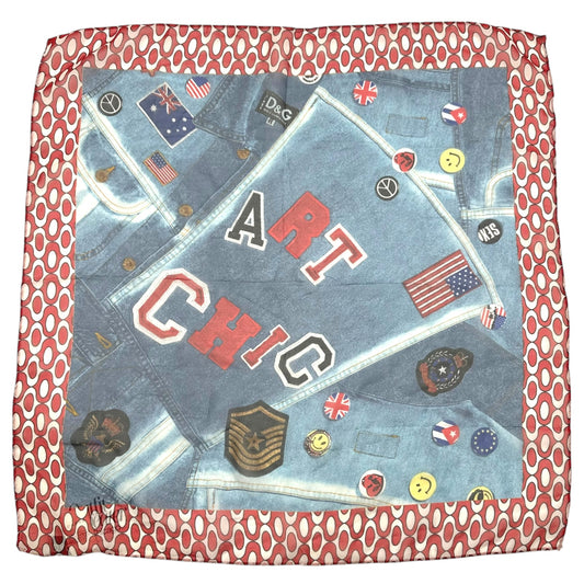 D&G Dolce & Gabbana Blue & Red ' Denim' Patchwork Silk Scarf