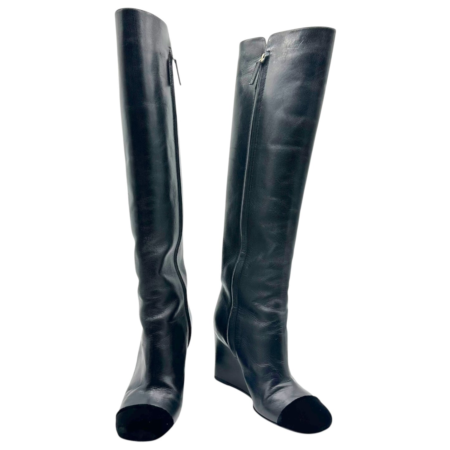 Chanel Black Leather Suede Knee High Wedge Boots