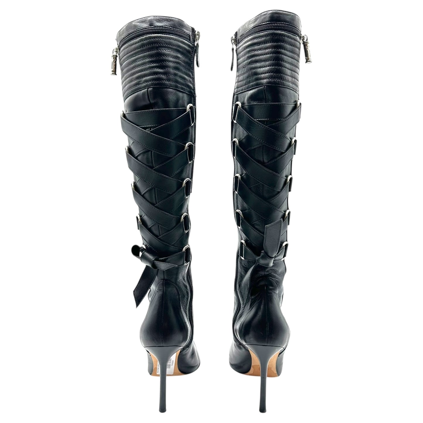 Versace Black Leather Corset Lace Up Heeled Boots