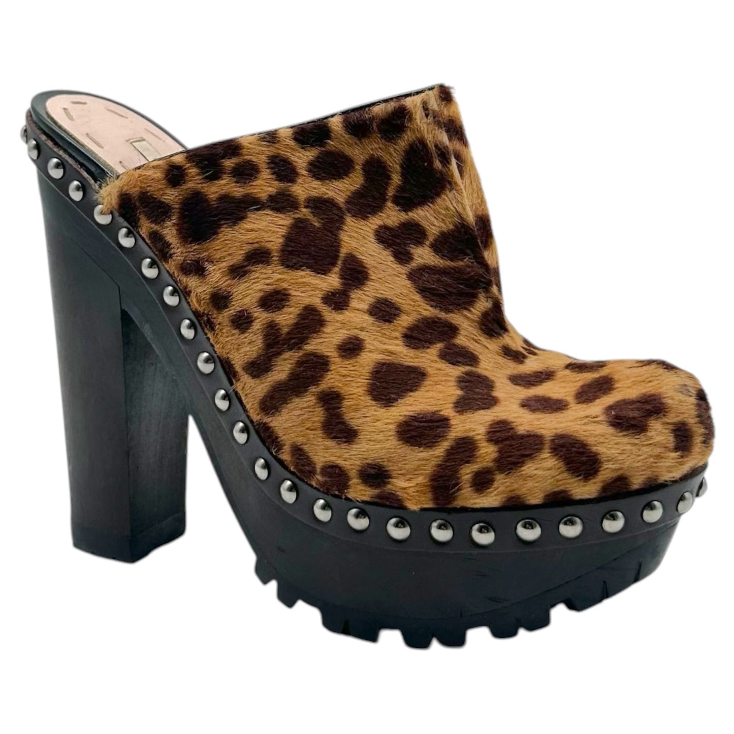 Miu Miu Leopard Print Ponyhair Platform Clog Heels