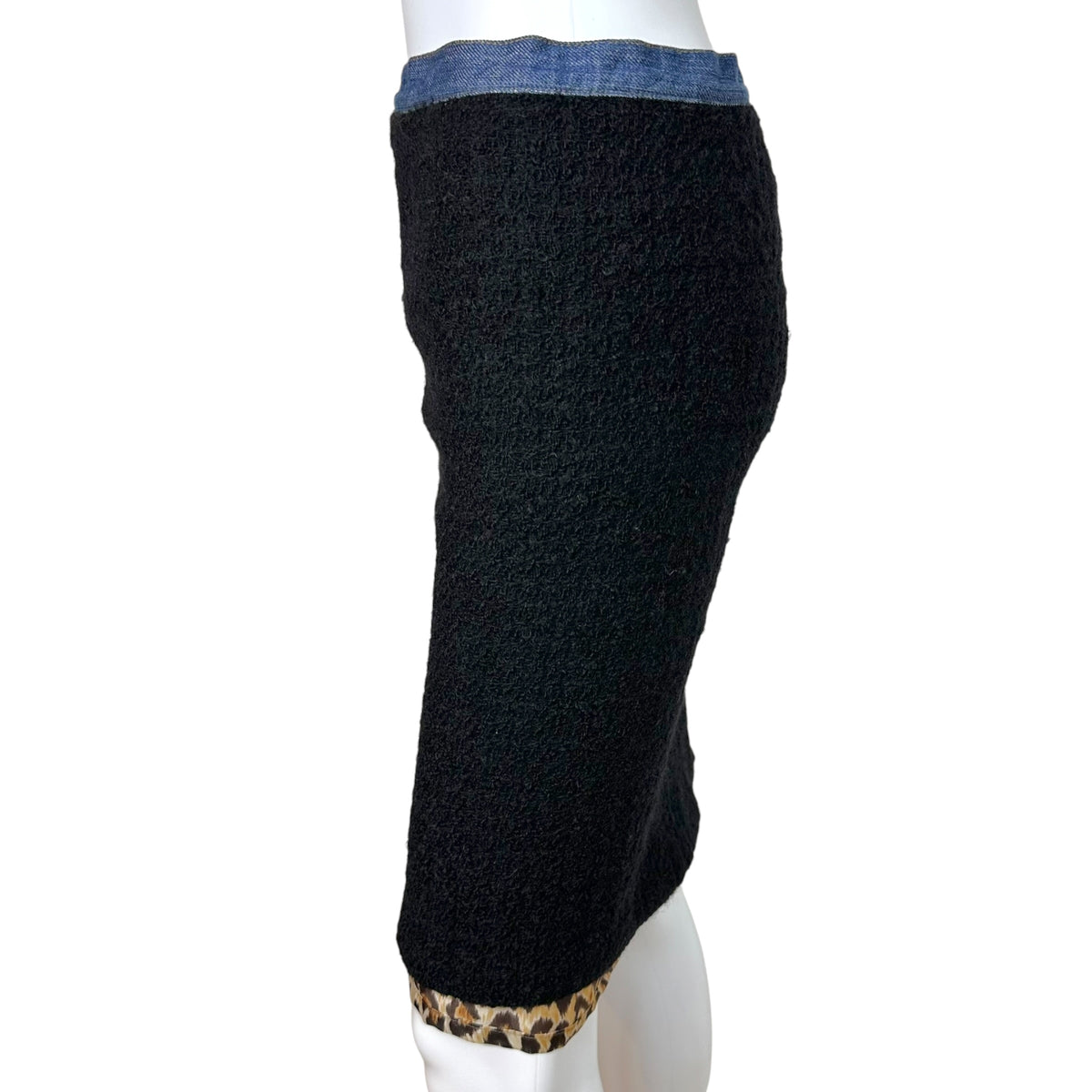Dolce & Gabbana Black Tweed Denim Leopard Print Midi Skirt