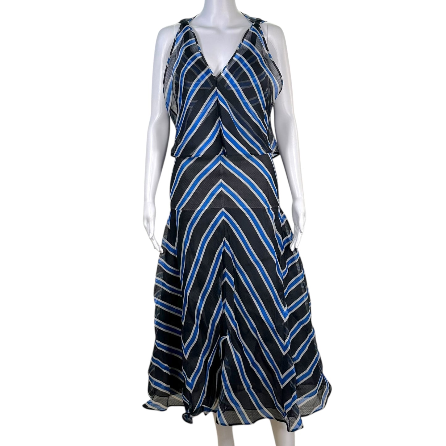 Fendi 2017 Black & Blue Striped Multi-Layer Asymmetrical Maxi Dress