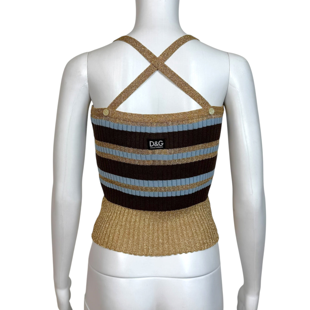 D&G Dolce & Gabbana Gold & Light Blue Striped Knit Crop Tank