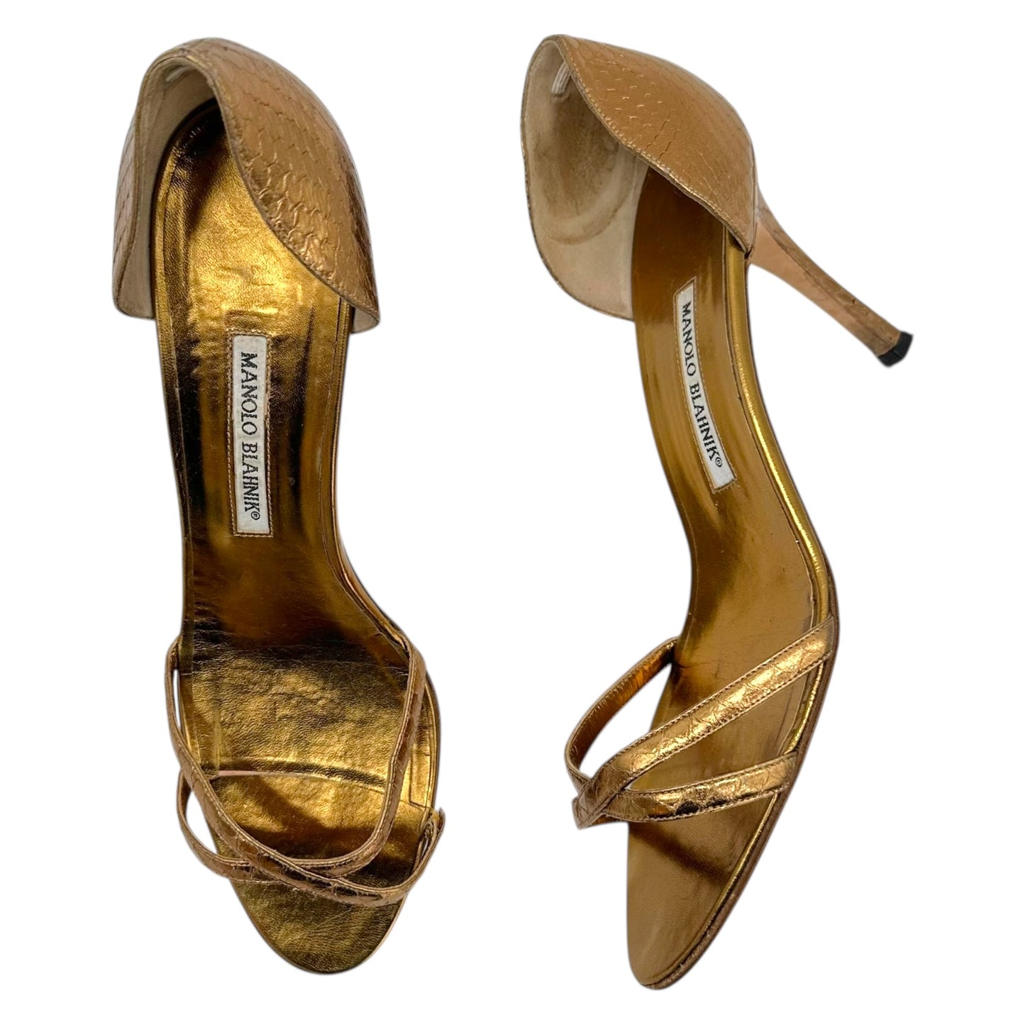 Manolo Blahnik Bronze Snakeskin Heeled Sandals