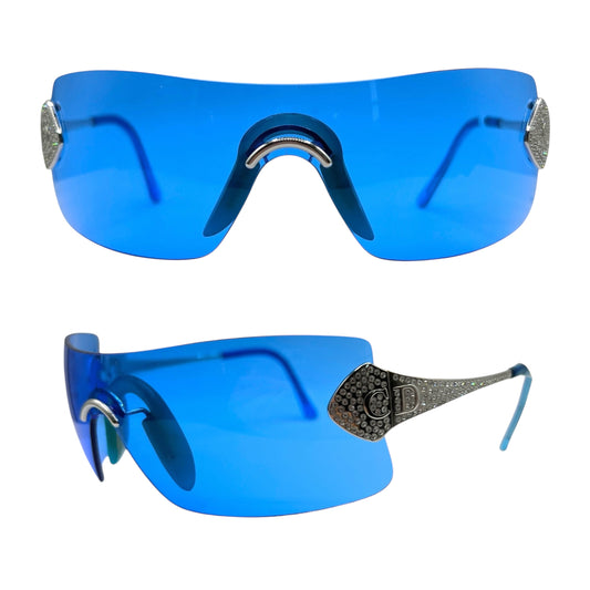 Christian Dior Bright Blue Crystal Embellished Rimless Shield Sunglasses w/ Case