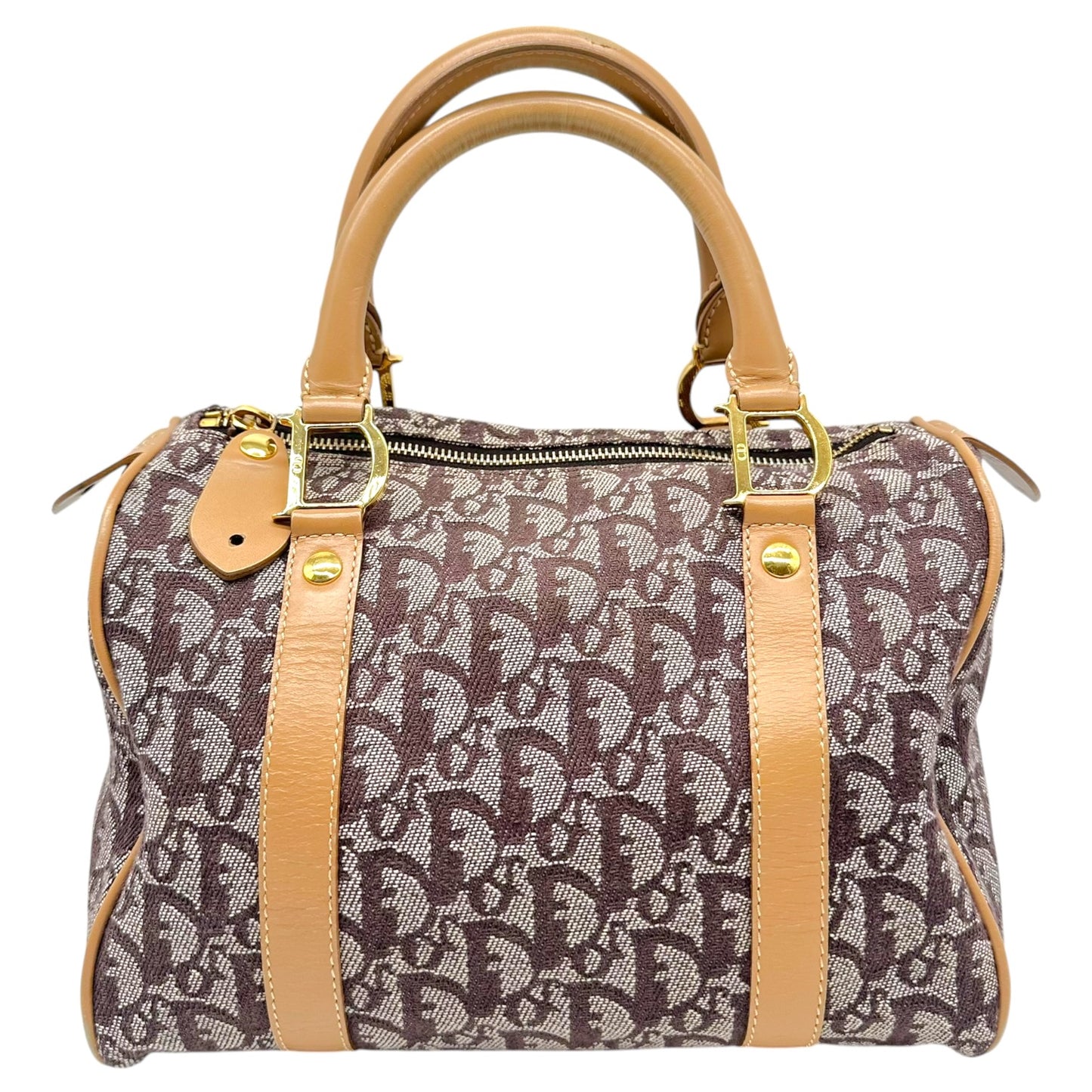 Christian Dior Burgundy & Tan Trotter Monogram Medium Boston Bag