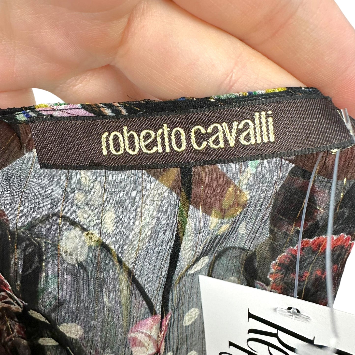 Roberto Cavalli Sheer Metallic Polka Dot & Floral Silk Blouse w/ Feather Ties