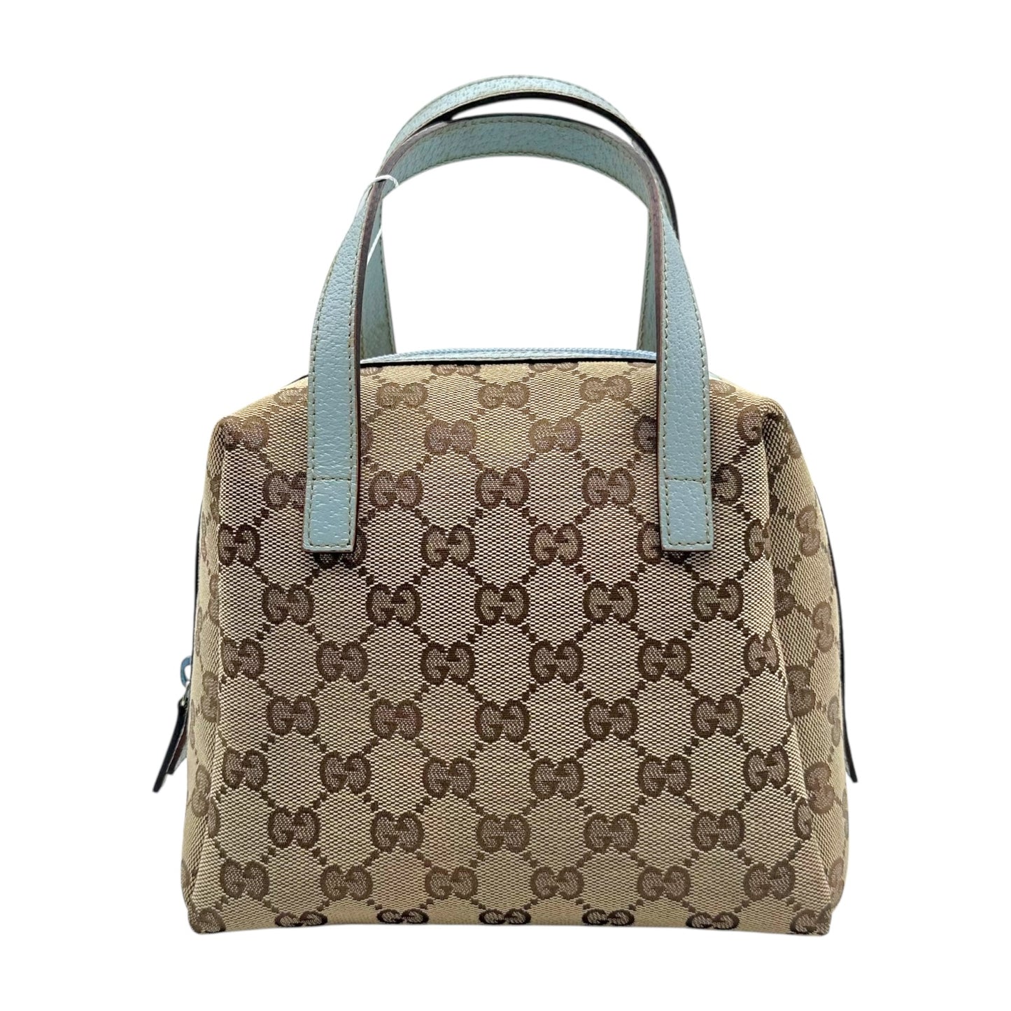 Gucci Tan Monogram Blue Leather Trim Mini Pochette Bag
