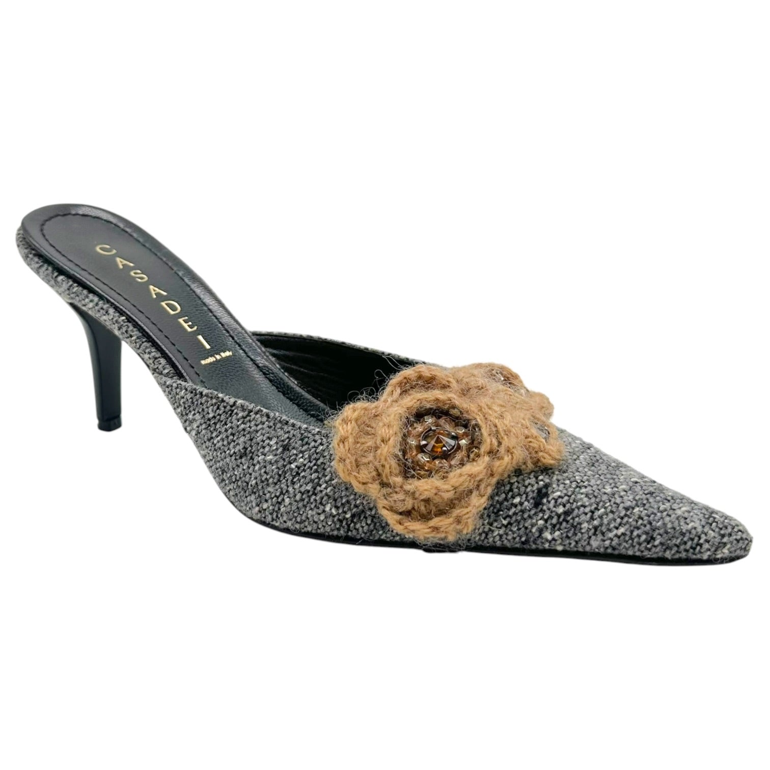 Casadei Kitten Heel Mules Gray Tweed Knit