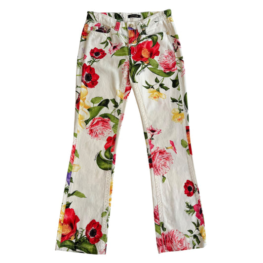 Roberto Cavalli 2005 White Floral Printed Jeans