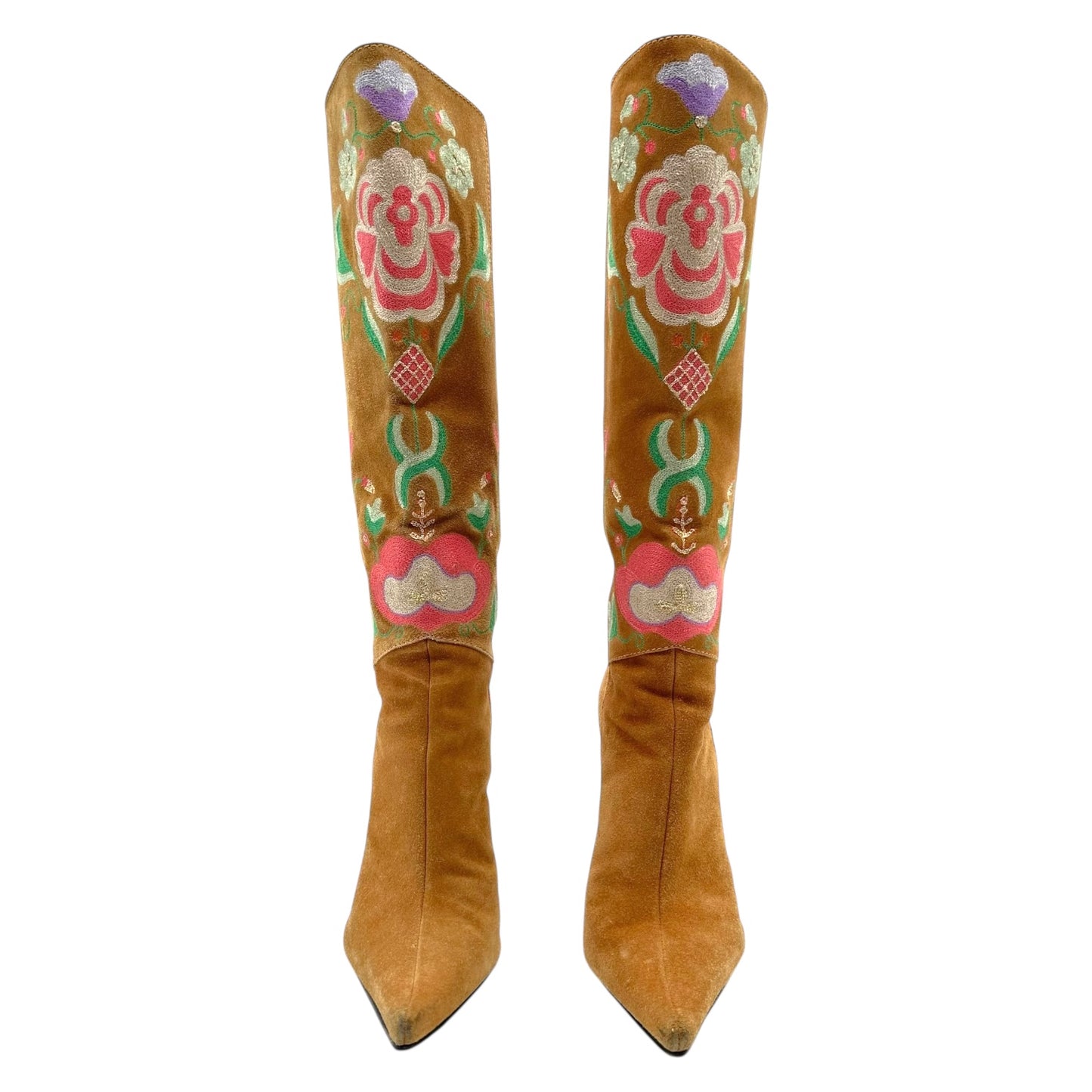 Casadei Tan Suede Floral Embroidered Heeled Boots