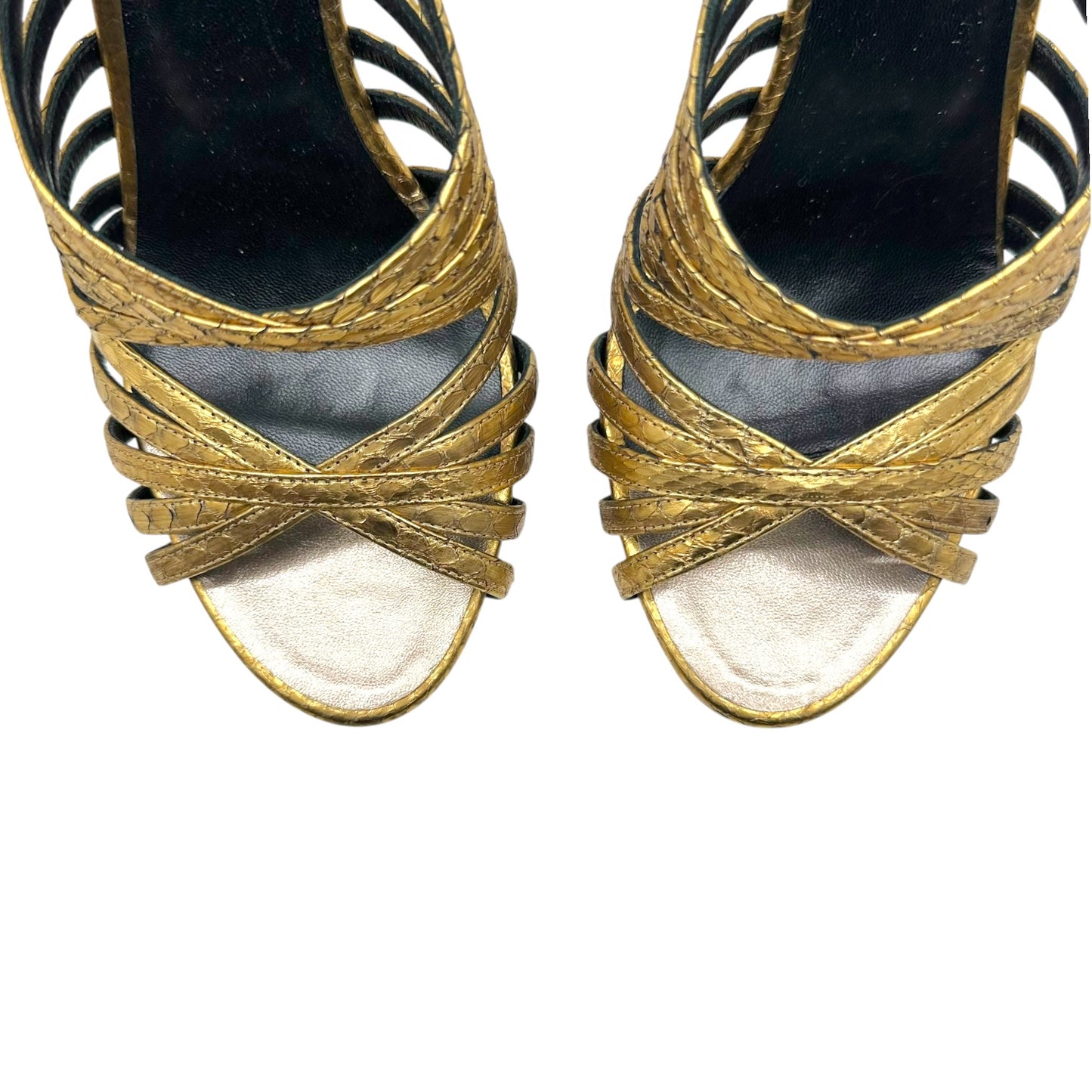 Roberto Cavalli Gold Snakeskin Strappy Sandals